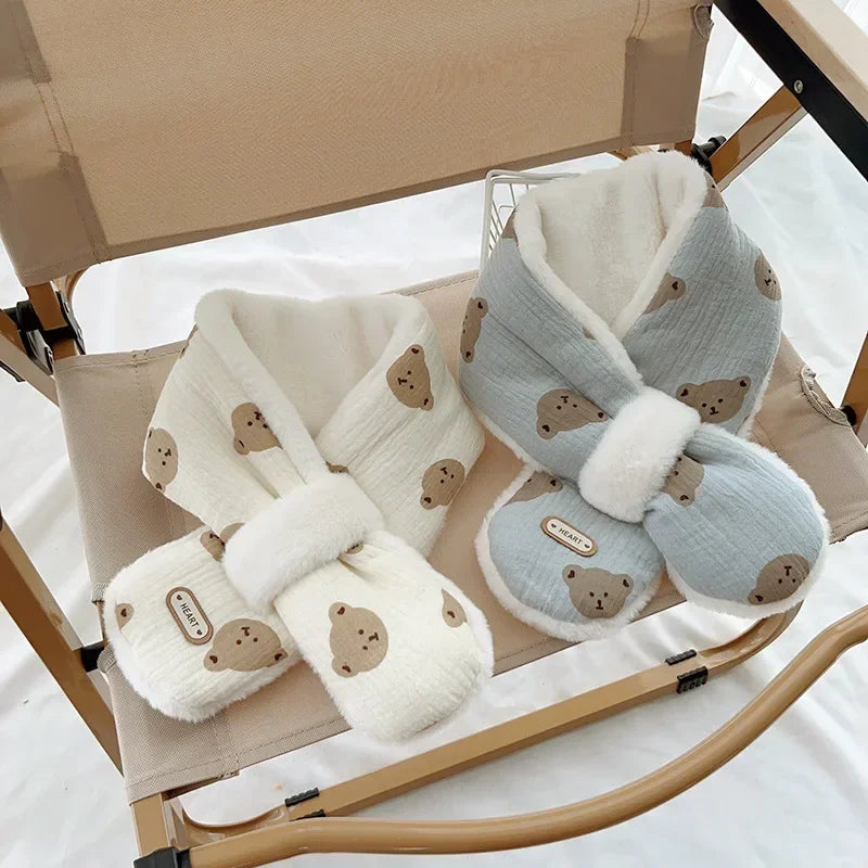 “Kids’ Bear Pattern Winter Scarf – Thick Velvet Neck Warmer”
