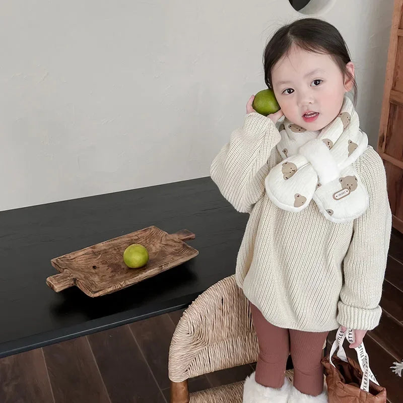 “Kids’ Bear Pattern Winter Scarf – Thick Velvet Neck Warmer”
